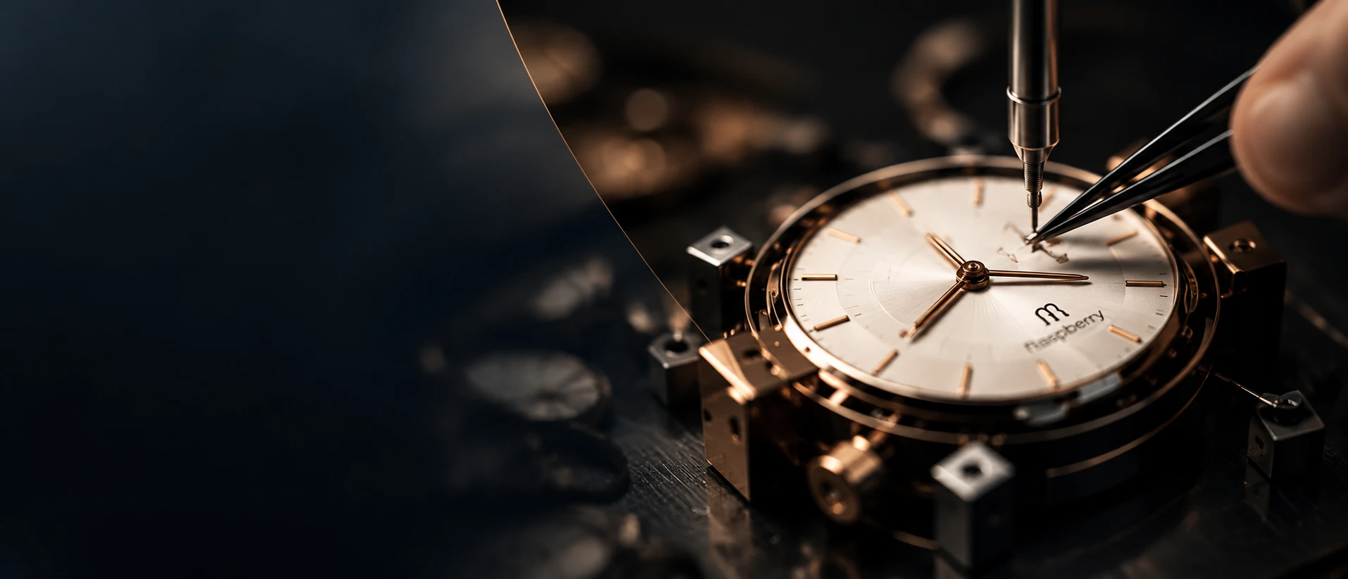 Watchmaker fitting the hands of a Raspberry rose gold watch