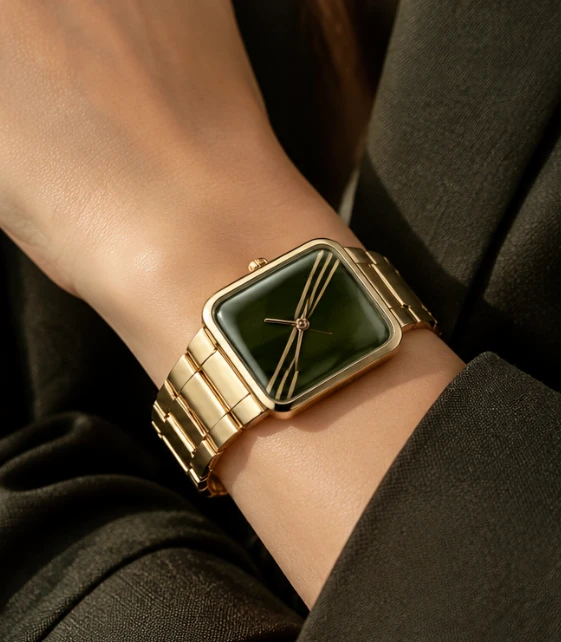 Gold square watch with green dial worn on the wrist