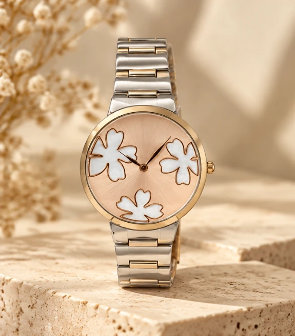 Two-tone watch with rose dial and mother-of-pearl flowers